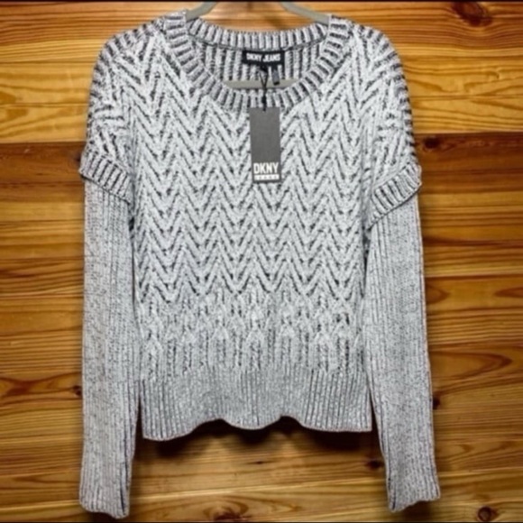 DKNY Jeans black & white knit sweater Large NEW - Picture 1 of 6